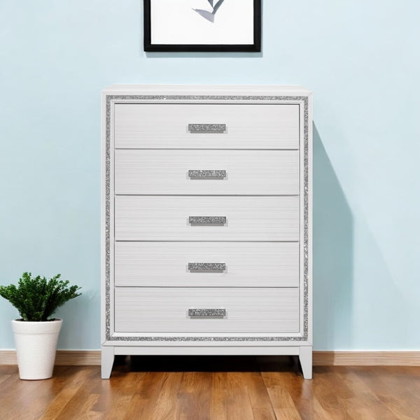 Homeroots 49" Glamorous White And Silver Faux Wood Dresser With Crystal Accents And Led Lighting, 5 Drawers  Solid And Manufactured Wood 564692