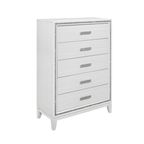Homeroots 49" Glamorous White And Silver Faux Wood Dresser With Crystal Accents And Led Lighting, 5 Drawers  Solid And Manufactured Wood 564692
