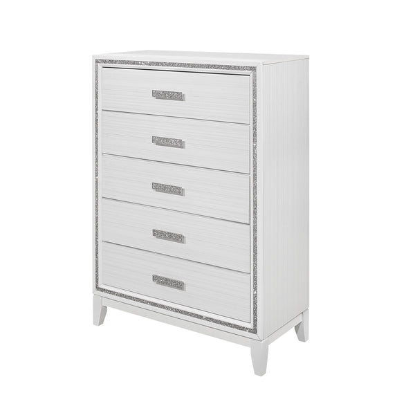 Homeroots 49" Glamorous White And Silver Faux Wood Dresser With Crystal Accents And Led Lighting, 5 Drawers  Solid And Manufactured Wood 564692