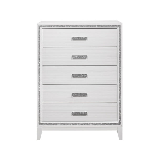 Homeroots 49" Glamorous White And Silver Faux Wood Dresser With Crystal Accents And Led Lighting, 5 Drawers  Solid And Manufactured Wood 564692