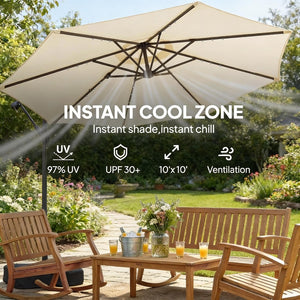 English Elm Garden Cantilever Patio Umbrella with Solar Led Lights and Upf30 Polyester Canopy Cream White T3971P481960