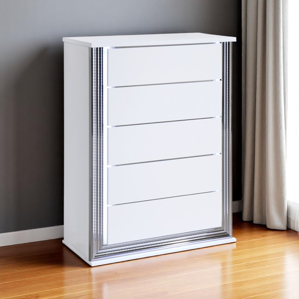 HomeRoots 49" White Wood Lighted Five Drawer Dresser - Modern Design, Integrated LED & Spacious Storage Solution 564702