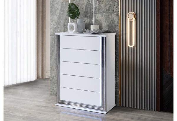 HomeRoots 49" White Wood Lighted Five Drawer Dresser - Modern Design, Integrated LED & Spacious Storage Solution 564702