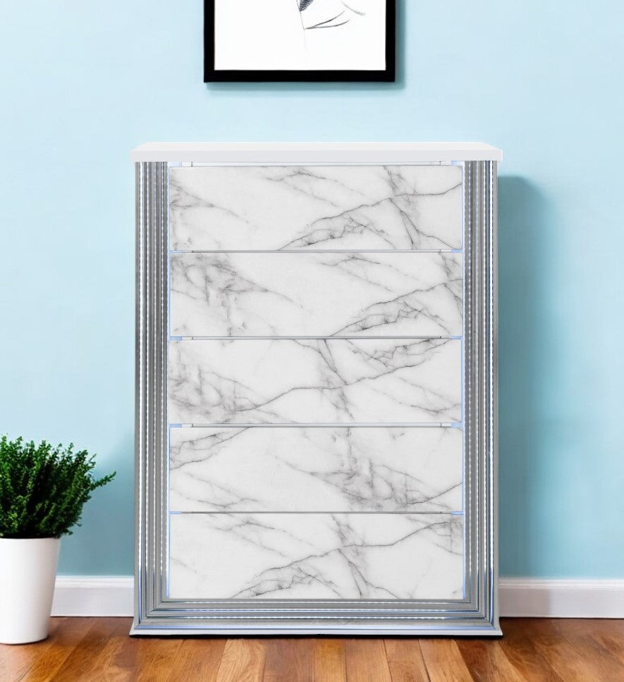 Homeroots 49" Silver And White Wood Faux Marble Dresser With Led Lighting – 5 Spacious Drawers For Storage  Solid And Manufactured Wood 564703