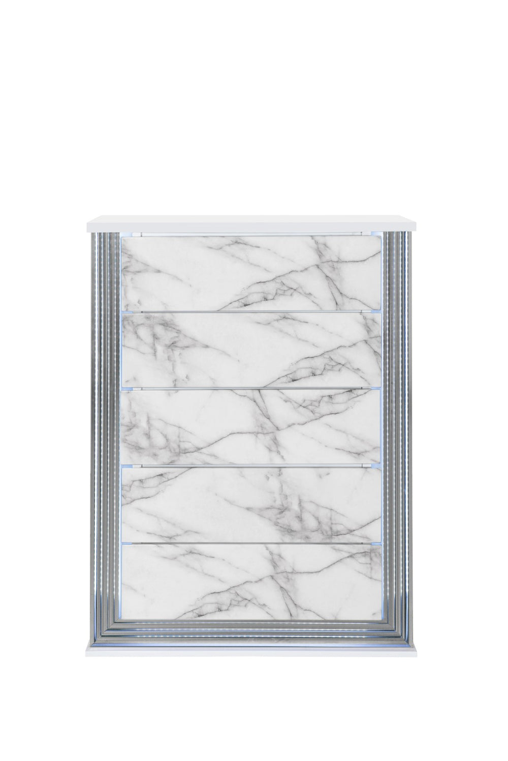 HomeRoots 49" Silver and White Faux Marble Dresser with LED Lighting - Glamorous Five-Drawer Storage Solution 564703