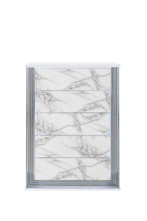 HomeRoots 49" Silver and White Faux Marble Dresser with LED Lighting - Glamorous Five-Drawer Storage Solution 564703