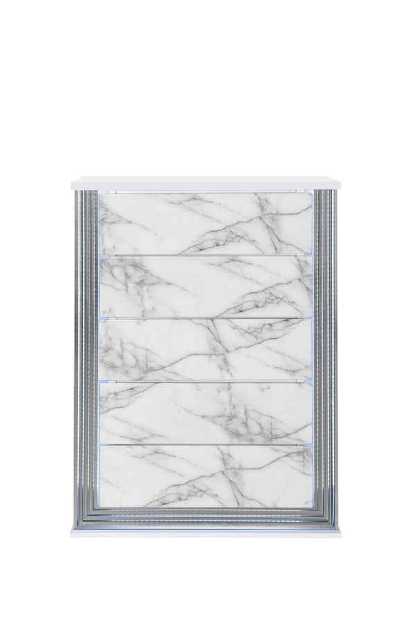 HomeRoots 49" Silver and White Faux Marble Dresser with LED Lighting - Glamorous Five-Drawer Storage Solution 564703