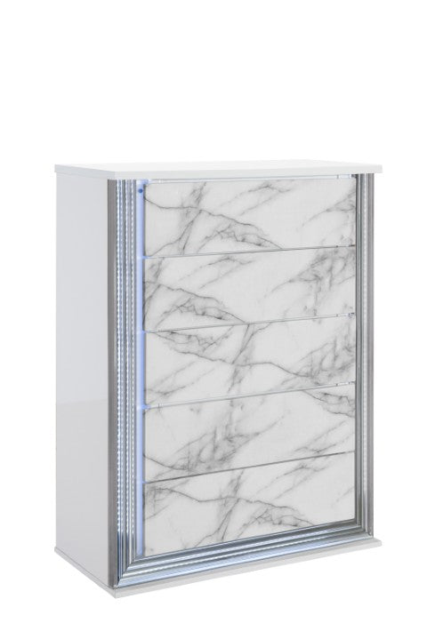 Homeroots 49" Silver And White Wood Faux Marble Dresser With Led Lighting – 5 Spacious Drawers For Storage  Solid And Manufactured Wood 564703