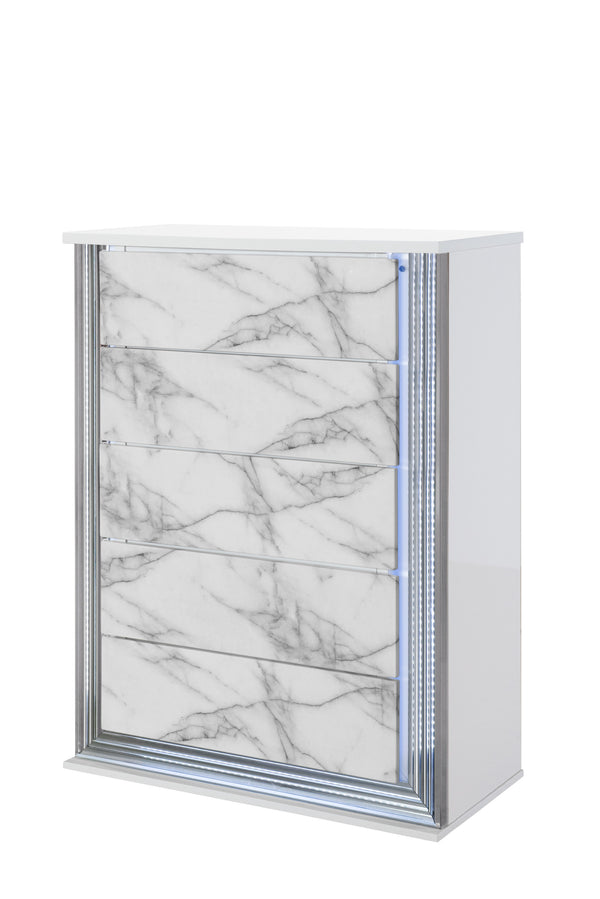 Homeroots 49" Silver And White Wood Faux Marble Dresser With Led Lighting – 5 Spacious Drawers For Storage  Solid And Manufactured Wood 564703