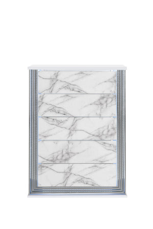 Homeroots 49" Silver And White Wood Faux Marble Dresser With Led Lighting – 5 Spacious Drawers For Storage  Solid And Manufactured Wood 564703