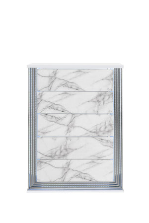 Homeroots 49" Silver And White Wood Faux Marble Dresser With Led Lighting – 5 Spacious Drawers For Storage  Solid And Manufactured Wood 564703