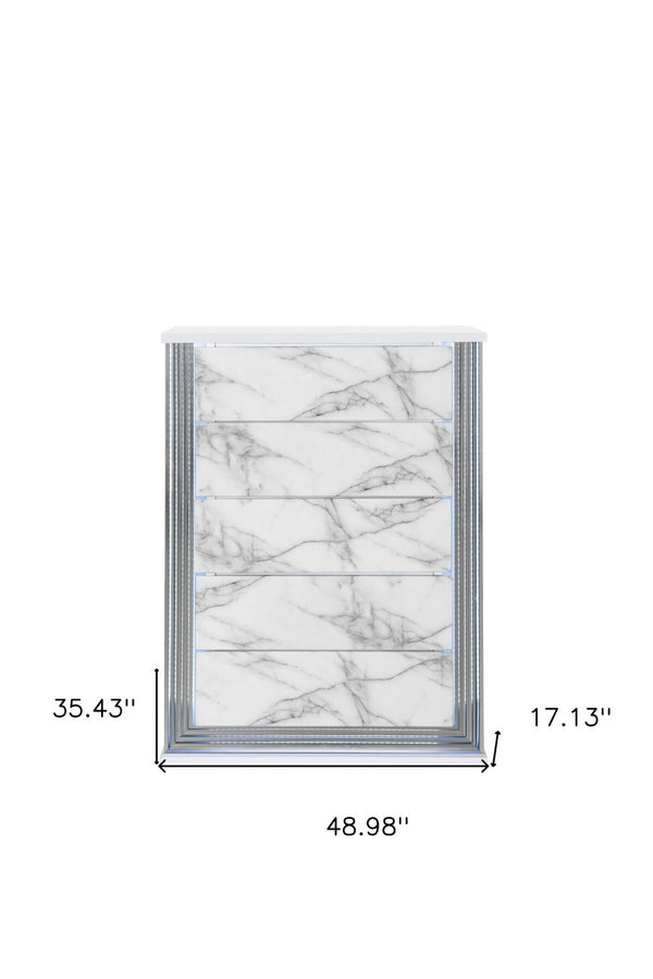 Homeroots 49" Silver And White Wood Faux Marble Dresser With Led Lighting – 5 Spacious Drawers For Storage  Solid And Manufactured Wood 564703