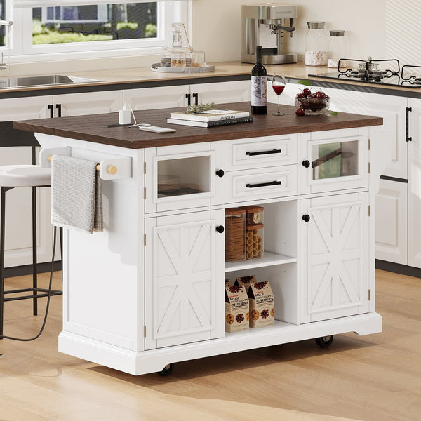 English Elm K&K 54.9" Farmhouse Kitchen Island Cart with Drop Leaf, Charging Station, Barn Doors & Glass Pane White N707P300277W