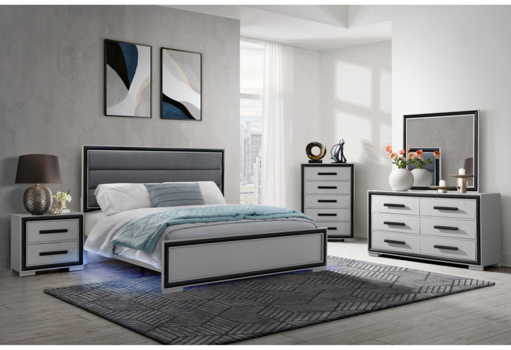 HomeRoots Gray Ribbed Texture Wood & Upholstered Full Bed Frame - Contemporary Style, Comfort & Durability 564715