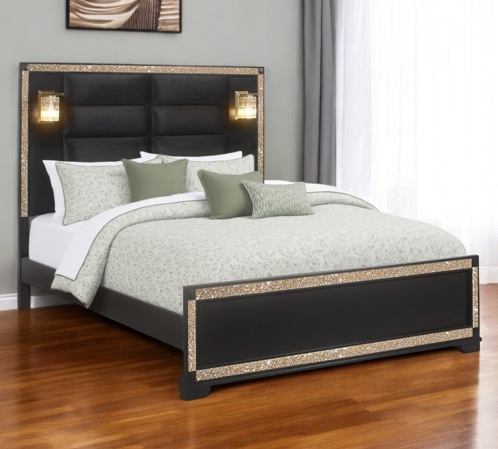 Homeroots Black Upholstered King Bed Frame With Faux Crystal Bling - Stylish, Durable, And Perfect For Relaxation  Wood 564718
