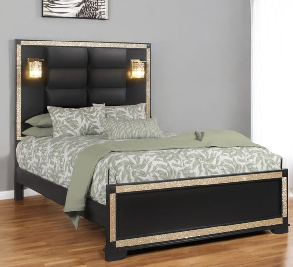 Homeroots Black Faux Crystal Bling Queen Bed Frame - Stylish Upholstered Design With Gold Accents & Durability  Wood 564719