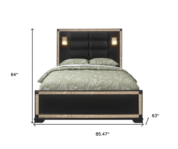Homeroots Black Faux Crystal Bling Queen Bed Frame - Stylish Upholstered Design With Gold Accents & Durability  Wood 564719