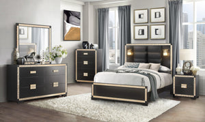 Homeroots Black Faux Crystal Bling Queen Bed Frame - Stylish Upholstered Design With Gold Accents & Durability  Wood 564719