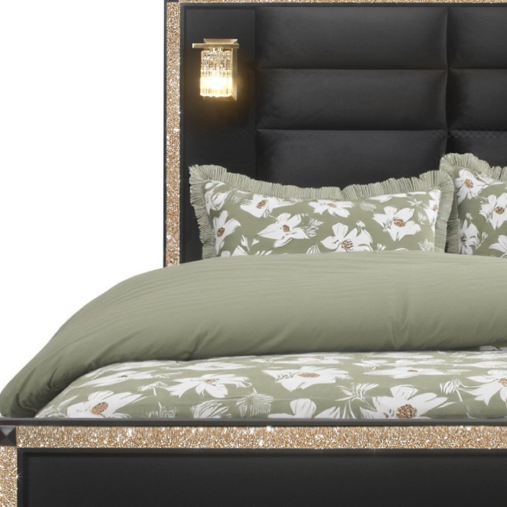 HomeRoots Black Faux Crystal Bling Bed Frame – Luxurious Wood & Upholstery Queen Frame with Lighting Feature 564719