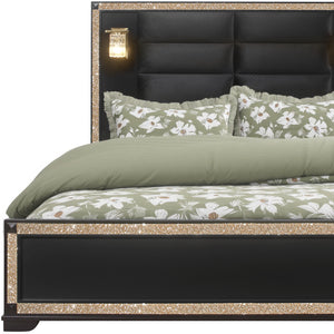 Homeroots Black Faux Crystal Bling Queen Bed Frame - Stylish Upholstered Design With Gold Accents & Durability  Wood 564719