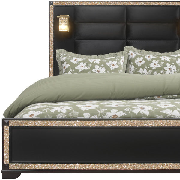 Homeroots Black Faux Crystal Bling Queen Bed Frame - Stylish Upholstered Design With Gold Accents & Durability  Wood 564719