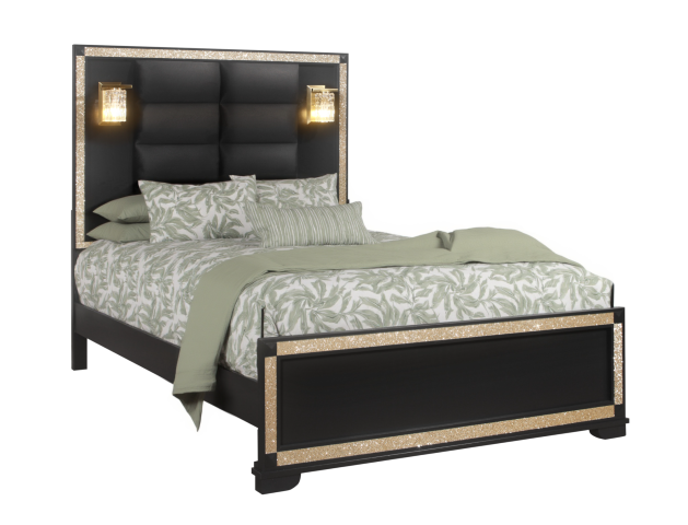 Homeroots Black Faux Crystal Bling Queen Bed Frame - Stylish Upholstered Design With Gold Accents & Durability  Wood 564719
