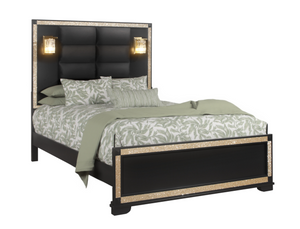 Homeroots Black Faux Crystal Bling Queen Bed Frame - Stylish Upholstered Design With Gold Accents & Durability  Wood 564719