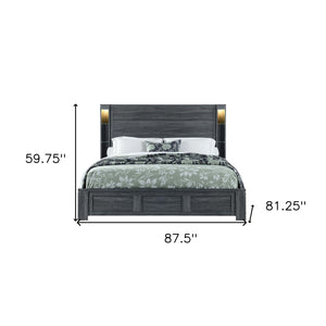 Homeroots Dark Gray Distressed Wood King Bed Frame With Led Lighting For Relaxing Sleep Sanctuary - 59.75" H  Wood 564724
