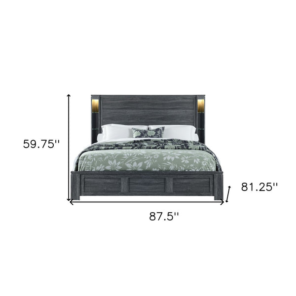 Homeroots Dark Gray Distressed Wood King Bed Frame With Led Lighting For Relaxing Sleep Sanctuary - 59.75" H  Wood 564724