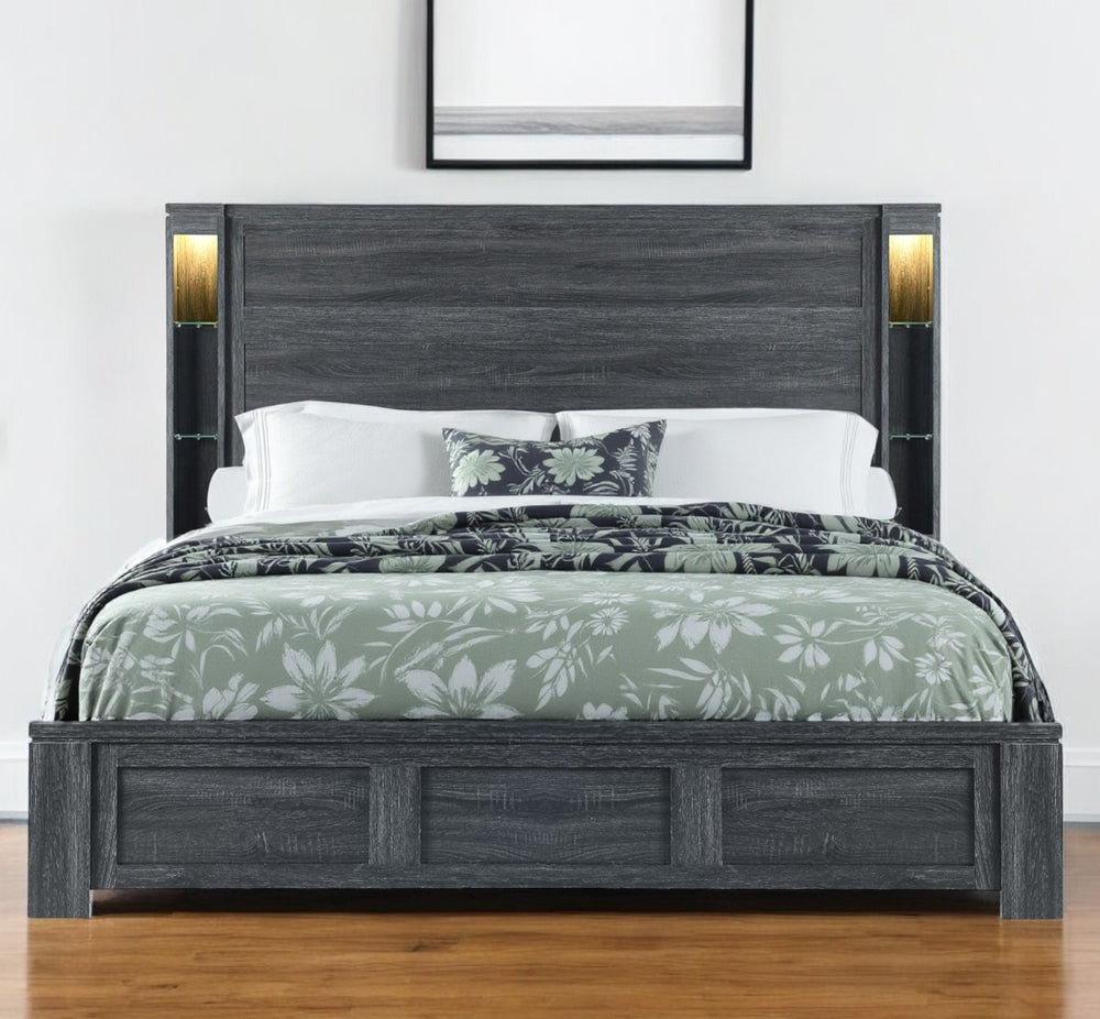 Homeroots Dark Gray Distressed Wood King Bed Frame With Led Lighting For Relaxing Sleep Sanctuary - 59.75" H  Wood 564724