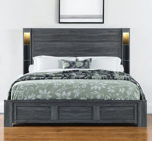 Homeroots Dark Gray Distressed Wood King Bed Frame With Led Lighting For Relaxing Sleep Sanctuary - 59.75" H  Wood 564724