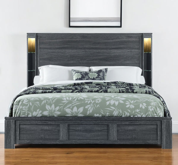 Homeroots Dark Gray Distressed Wood King Bed Frame With Led Lighting For Relaxing Sleep Sanctuary - 59.75" H  Wood 564724