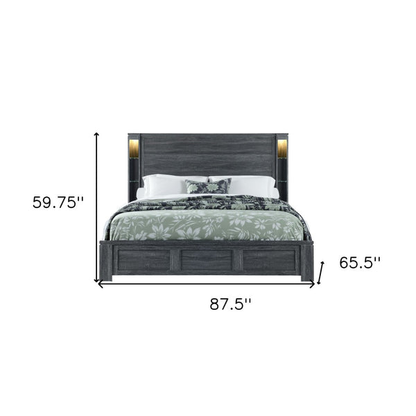 Homeroots Dark Gray Distressed Wood Lighted Queen Bed Frame - Premium Craftsmanship For A Cozy Bedroom Retreat  Wood 564725