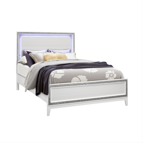 Homeroots White Luxurious King Bed Frame With Led Lighting & Faux Crystal Accents For Stylish Sleep Elegance  Wood 564727