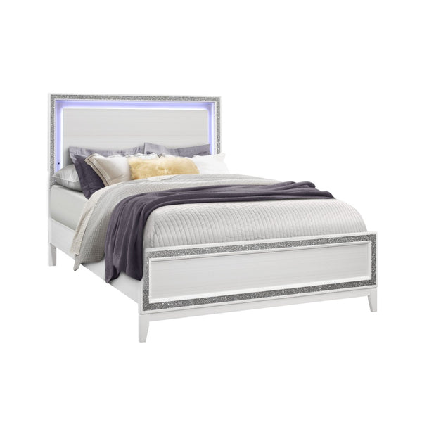 Homeroots White Luxurious King Bed Frame With Led Lighting & Faux Crystal Accents For Stylish Sleep Elegance  Wood 564727