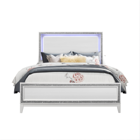 Homeroots White Faux Crystal Bling Queen Bed Frame With Led Lighting & Glamorous Design For Cozy Retreat  Wood 564728