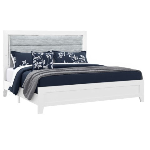 Homeroots White Full Bed Frame With Light Gray Ribbed Upholstery & Led Lighting - Stylish & Durable Design  Wood 564729