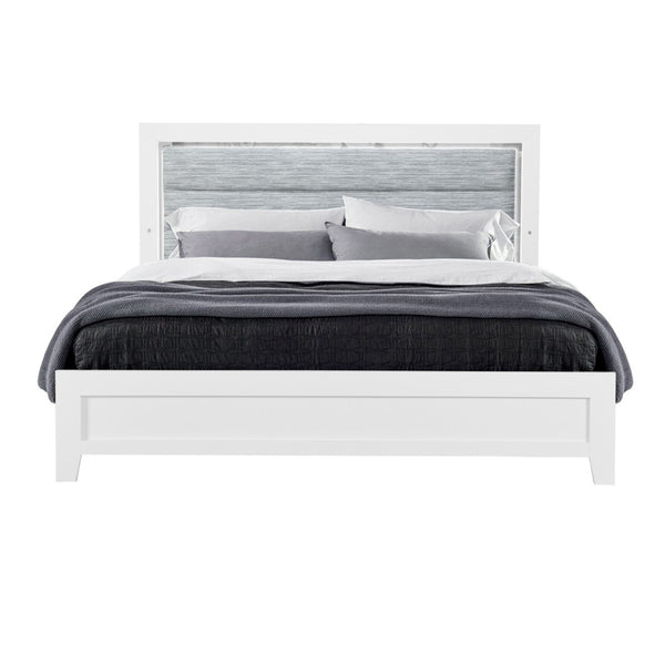 HomeRoots White Ribbed Texture Upholstered Full Bed Frame with LED Lighting - Modern Design for Stylish Bedrooms 564729