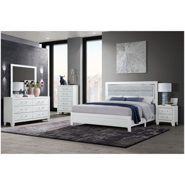 HomeRoots White Ribbed Texture Upholstered Full Bed Frame with LED Lighting - Modern Design for Stylish Bedrooms 564729