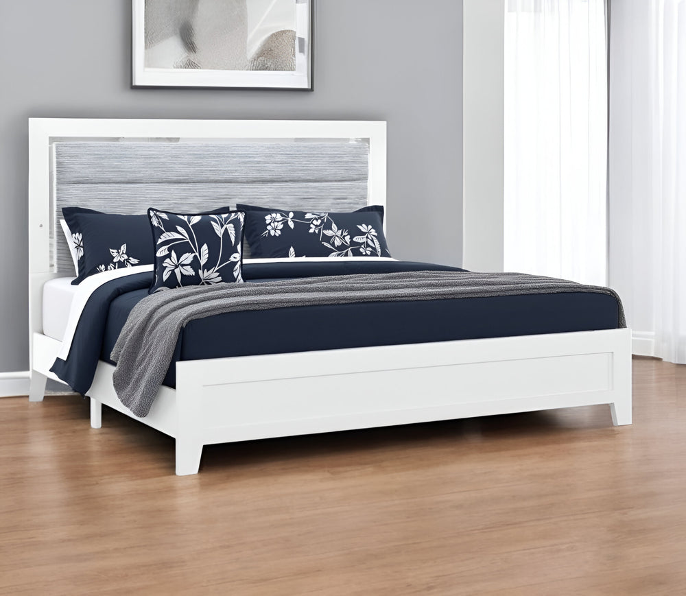 Homeroots White Upholstered King Bed Frame With Led Lighting - Stylish Ribbed Wood Design In Gray Finish  Wood 564730