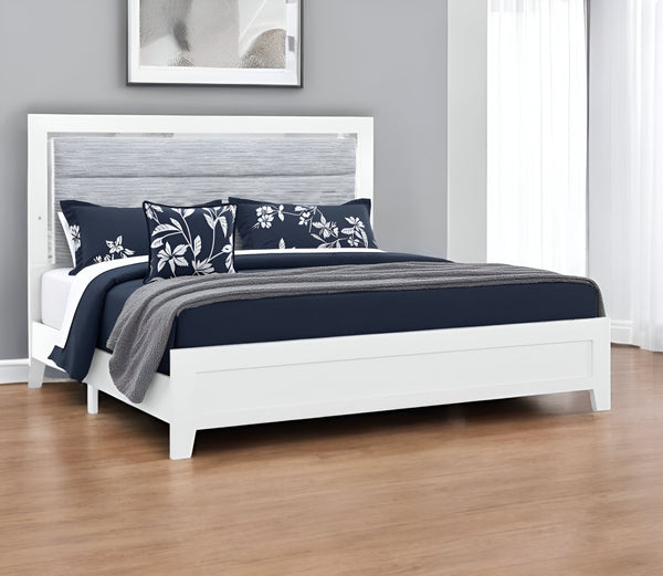 Homeroots White Upholstered King Bed Frame With Led Lighting - Stylish Ribbed Wood Design In Gray Finish  Wood 564730