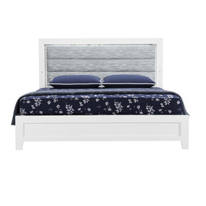 HomeRoots White Queen Bed Frame with Ribbed Wood Texture, Upholstered Design & LED Lighting for Modern Elegance 564731