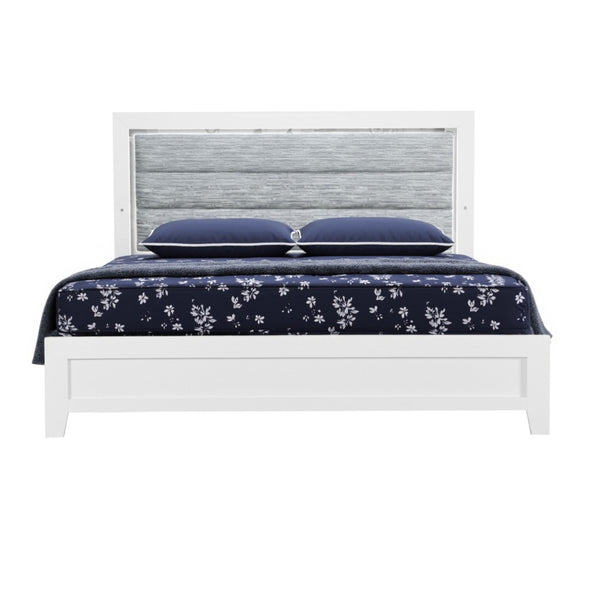 HomeRoots White Queen Bed Frame with Ribbed Wood Texture, Upholstered Design & LED Lighting for Modern Elegance 564731
