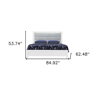 HomeRoots White Queen Bed Frame with Ribbed Wood Texture, Upholstered Design & LED Lighting for Modern Elegance 564731