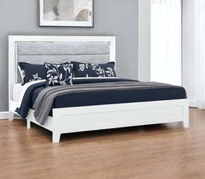 HomeRoots White Queen Bed Frame with Ribbed Wood Texture, Upholstered Design & LED Lighting for Modern Elegance 564731