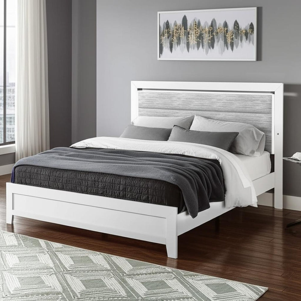 HomeRoots White Twin Bed Frame with Gray Upholstery & LED Lighting - Modern Design for Stylish Sleep Spaces 564732