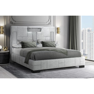 HomeRoots Gray Tufted Upholstered King Bed Frame with Built-in Charging, LED Lights, and Cup Holders for Comfort 564736