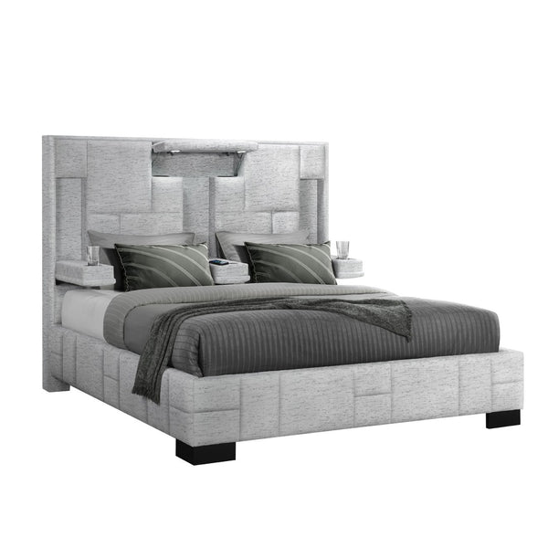 HomeRoots Gray Tufted Upholstered King Bed Frame with Built-in Charging, LED Lights, and Cup Holders for Comfort 564736