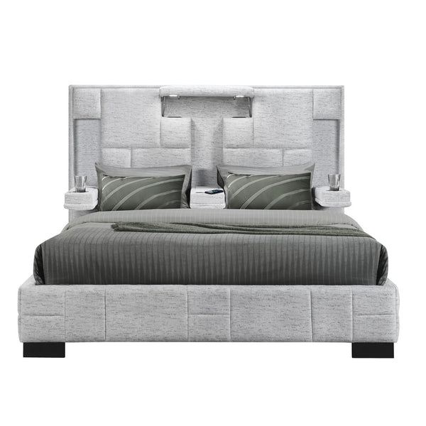 HomeRoots Gray Tufted Upholstered King Bed Frame with Built-in Charging, LED Lights, and Cup Holders for Comfort 564736