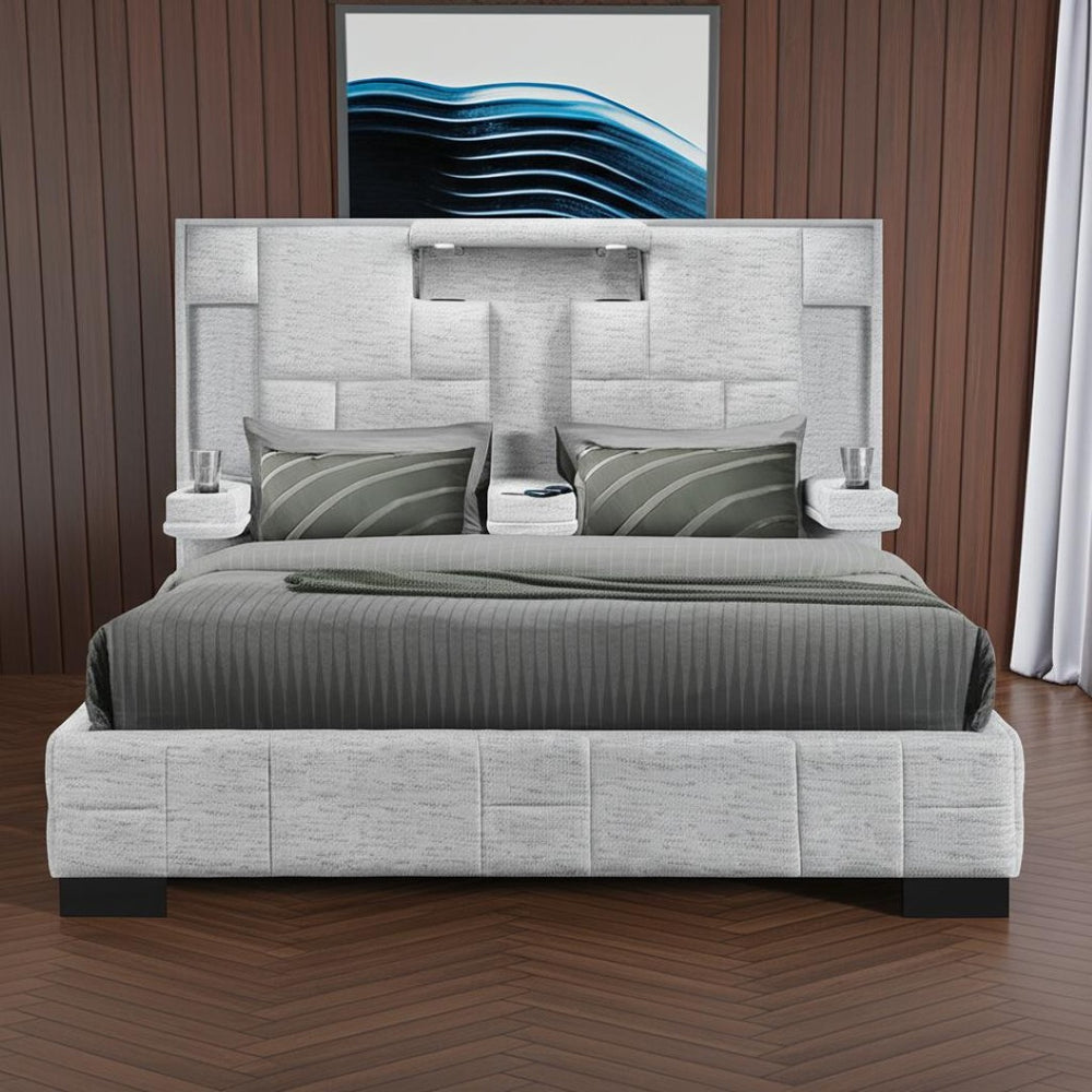 HomeRoots Gray Tufted Upholstered King Bed Frame with Built-in Charging, LED Lights, and Cup Holders for Comfort 564736